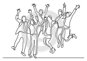 Continuous line drawing of happy business team jumping joy