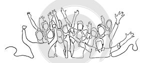 Continuous line drawing of happy cheerful crowd of people. Cheerful crowd cheering illustration. Hands up. Group of applause