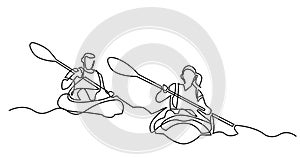 Continuous line drawing of happy couple kayaking on lake