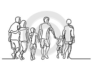 Continuous line drawing of happy extended family walking