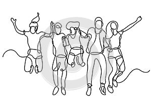 Continuous line drawing of happy group of students jumping