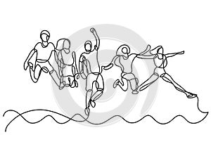 Continuous line drawing of happy group of students jumping over sea