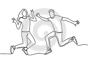 Continuous line drawing of happy jumping couple. business people are happy and jump to celebrate success isolated on