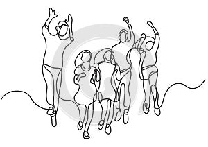 Continuous line drawing of happy jumping group of young kids