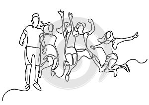 Continuous line drawing of happy jumping group of youth