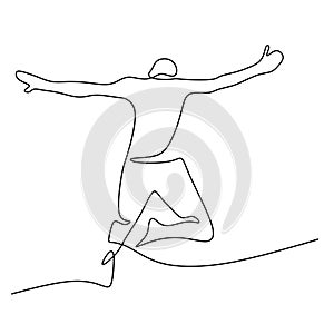 Continuous line drawing of happy jumping man. A young teenager male showed a happy expression with jumping high. The concept of