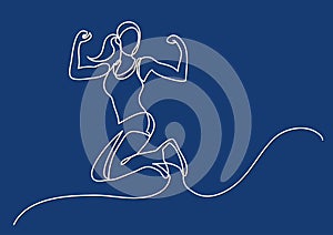 Continuous line drawing of happy jumping woman athlete