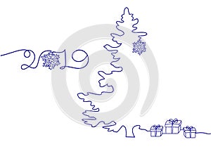 Continuous line drawing of a Happy New Year Holiday, Christmas tree, Snowflakes, Gifts. Vector minimalist linear drawing .