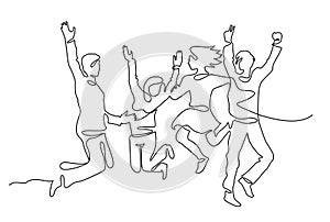 Continuous line drawing of happy people team jumping joy. People jumping one line continuous line drawing of four