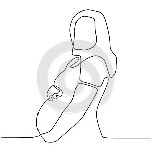 Continuous line drawing of Happy pregnant girl, silhouette picture of mother. Vector illustration woman portrait simplicity design