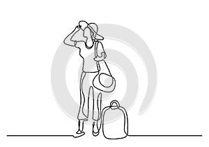 Continuous line drawing of happy standing woman traveler with baggage