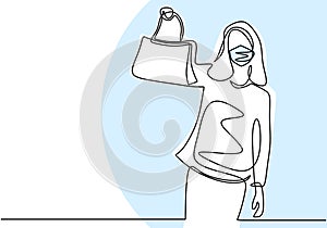 Continuous line drawing of happy women in protective mask on face with new bag. Beautiful teenager young girl shopping a bag in