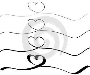 Continuous line drawing of heart, set of hearts black and white vector minimalist illustration of love concept made of one line