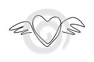 Continuous line drawing. Heart with wings. Valentine's day. Love. Black isolated on white background. Hand drawn