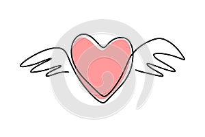 Continuous line drawing. Heart with wings. Valentine's day. Love. Black isolated on white background. Hand drawn