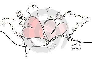 Continuous line drawing of heart on world map background, black and white vector minimalist illustration of love, peace, kindness