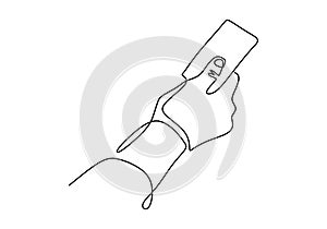 Continuous line drawing with holding a card. Hand giving a credit card to pay for shopping isolated on white background.