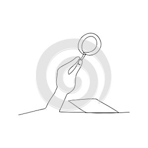 continuous line drawing of holding magnifying glass. isolated sketch drawing of holding magnifying glass line concept. outline