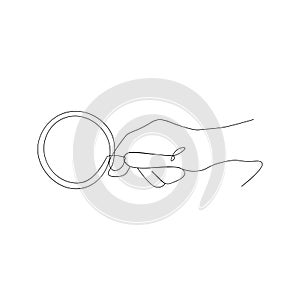 continuous line drawing of holding magnifying glass. isolated sketch drawing of holding magnifying glass line concept. outline