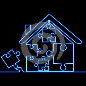 Continuous line drawing House Jigsaw Puzzle Logo icon neon glow vector illustration concept
