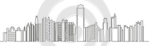 Continuous line drawing of house. Modern, trendy panoramic landscape of metropolis architecture, skyscrapers.