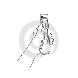 Continuous line drawing of human hand holding tv remote control . design element , poster, wall art concept design with active