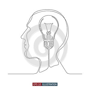 Continuous line drawing of human head silhouette. Idea sumbol. Vector illustration.