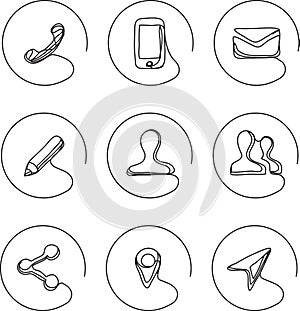 Continuous line drawing icons - contacts locations