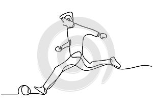 Continuous line drawing. Illustration shows a football player kicks the ball. A happy male soccer player in shorts kicks the ball