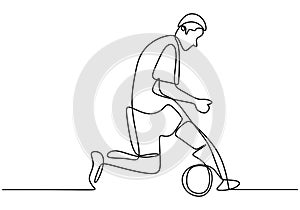 Continuous line drawing. Illustration shows a football player kicks the ball. A happy male soccer player in shorts kicks the ball