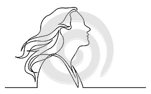 Continuous line drawing of isolated on white background profile portrait of happy woman enjoying life