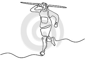 Continuous line drawing of javelin athlete. Young sporty man exercise to run stance before throw javelin on the field. Athletic