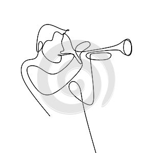 continuous line drawing of jazz musicians playing trumpet music instruments