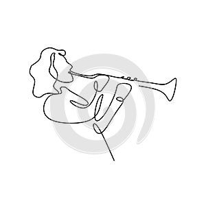 continuous line drawing of jazz musicians playing trumpet music instruments