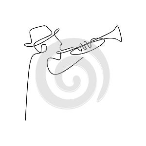 continuous line drawing of jazz musicians playing trumpet music instruments
