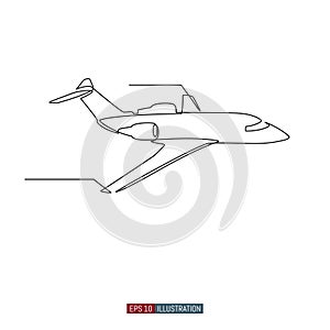 Continuous line drawing of jet plane. Template for your design works. Vector illustration
