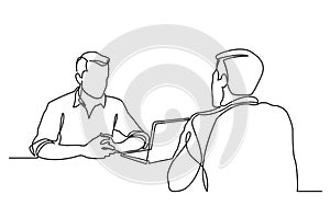 Continuous line drawing of job interview between two men