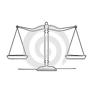 Continuous line drawing of justice scale. Law balance symbol. Vector illustration