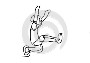 Continuous line drawing of kid long jump. Young energetic athlete exercise to land on sand pool after jumping vector illustration