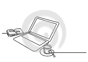 Continuous line drawing of laptop computer coffee