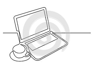 Continuous line drawing of laptop computer cup of tea