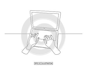 Continuous line drawing of laptop and user hands. Vector illustration.