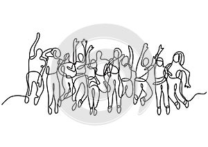 Continuous line drawing of large group of jumping people