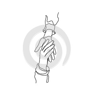 Continuous line drawing of lending hand. Helping hands vector illustration with active stroke