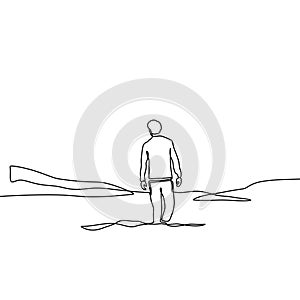 Continuous line drawing of lonely man on valley minimalism design on white background. Concept of alone person in outdoor vector