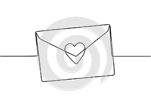 Continuous line drawing of Love letter with heart. Vector romantic mail for cards and invitation good for Valentine`s day theme