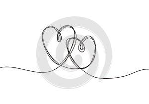 Continuous line drawing of love sign with two hearts embrace minimalism design scribble style