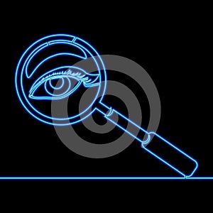 Continuous line drawing Magnifying glass and human eye inside icon neon glow vector illustration concept