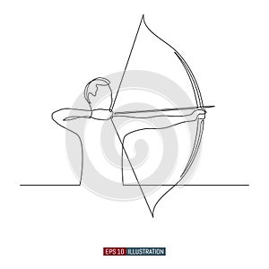 Continuous line drawing of A man with a bow aims at a target. Template for your design works. Vector illustration
