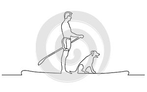 Continuous line drawing of man and dog paddling on board